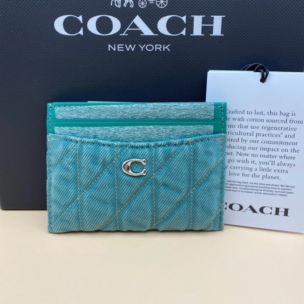 Coach Denim Card Case with Quilting in Silver/Ivy Green